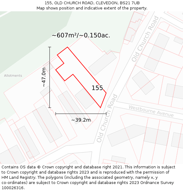 155, OLD CHURCH ROAD, CLEVEDON, BS21 7UB: Plot and title map