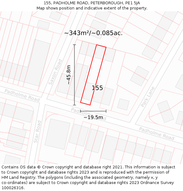 155, PADHOLME ROAD, PETERBOROUGH, PE1 5JA: Plot and title map