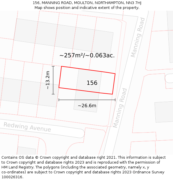 156, MANNING ROAD, MOULTON, NORTHAMPTON, NN3 7HJ: Plot and title map