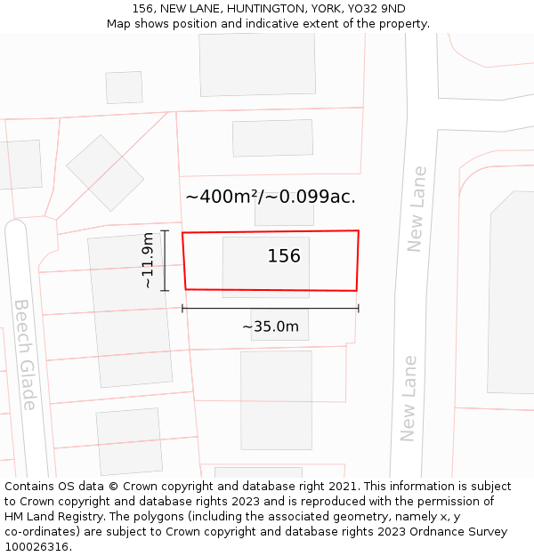 156, NEW LANE, HUNTINGTON, YORK, YO32 9ND: Plot and title map