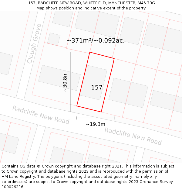 157, RADCLIFFE NEW ROAD, WHITEFIELD, MANCHESTER, M45 7RG: Plot and title map