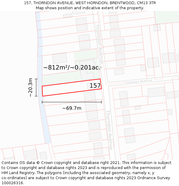 157, THORNDON AVENUE, WEST HORNDON, BRENTWOOD, CM13 3TR: Plot and title map