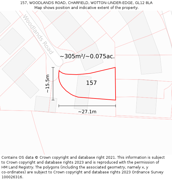 157, WOODLANDS ROAD, CHARFIELD, WOTTON-UNDER-EDGE, GL12 8LA: Plot and title map