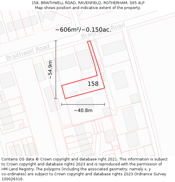 158, BRAITHWELL ROAD, RAVENFIELD, ROTHERHAM, S65 4LP: Plot and title map