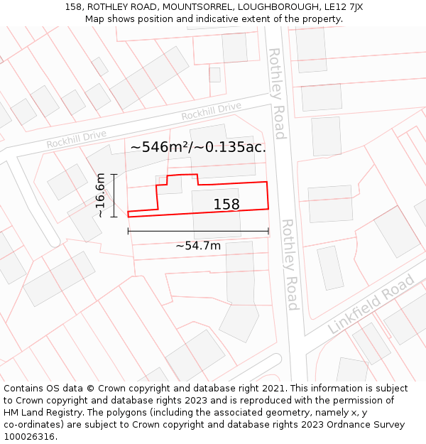 158, ROTHLEY ROAD, MOUNTSORREL, LOUGHBOROUGH, LE12 7JX: Plot and title map