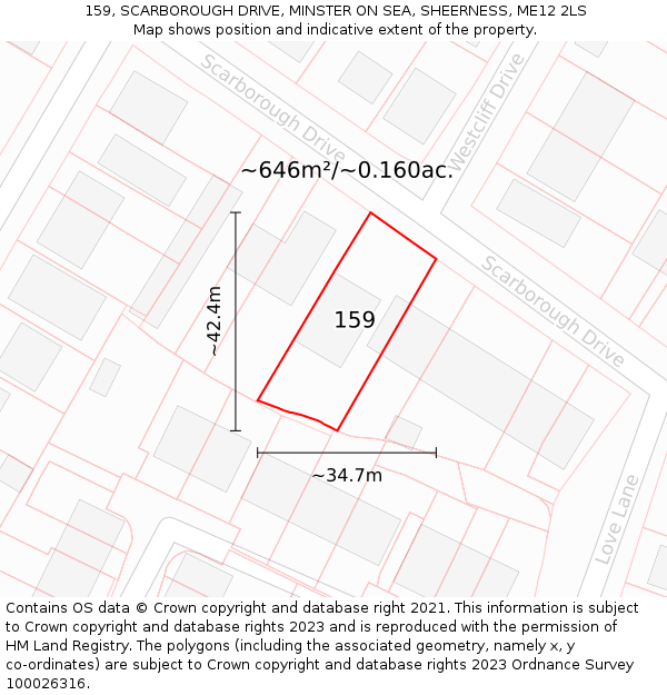 159, SCARBOROUGH DRIVE, MINSTER ON SEA, SHEERNESS, ME12 2LS: Plot and title map