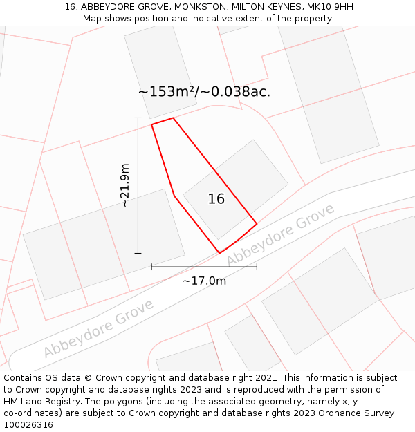 16, ABBEYDORE GROVE, MONKSTON, MILTON KEYNES, MK10 9HH: Plot and title map