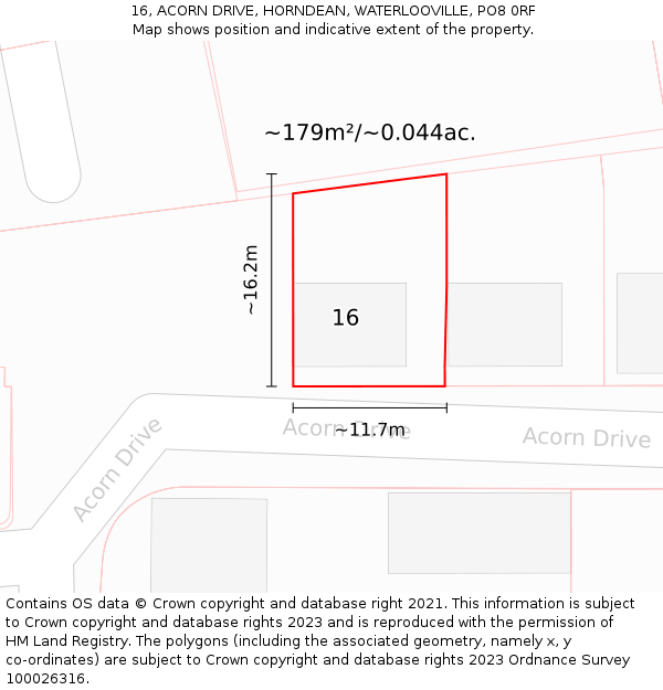 16, ACORN DRIVE, HORNDEAN, WATERLOOVILLE, PO8 0RF: Plot and title map