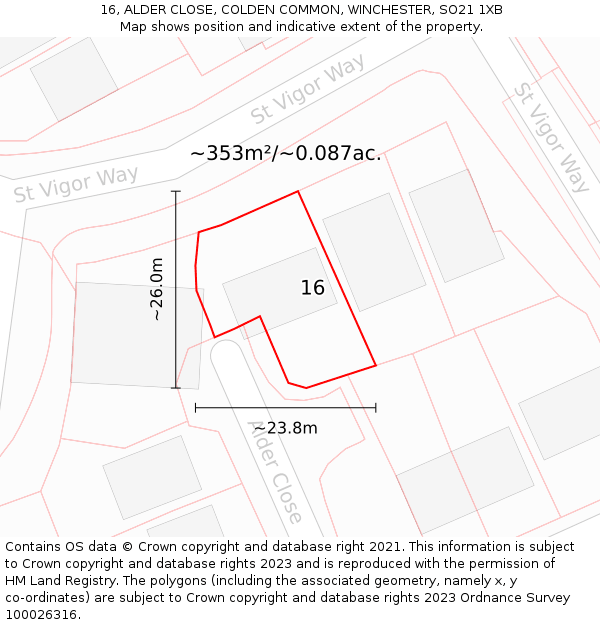 16, ALDER CLOSE, COLDEN COMMON, WINCHESTER, SO21 1XB: Plot and title map