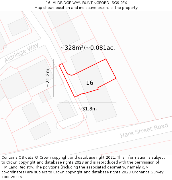 16, ALDRIDGE WAY, BUNTINGFORD, SG9 9FX: Plot and title map