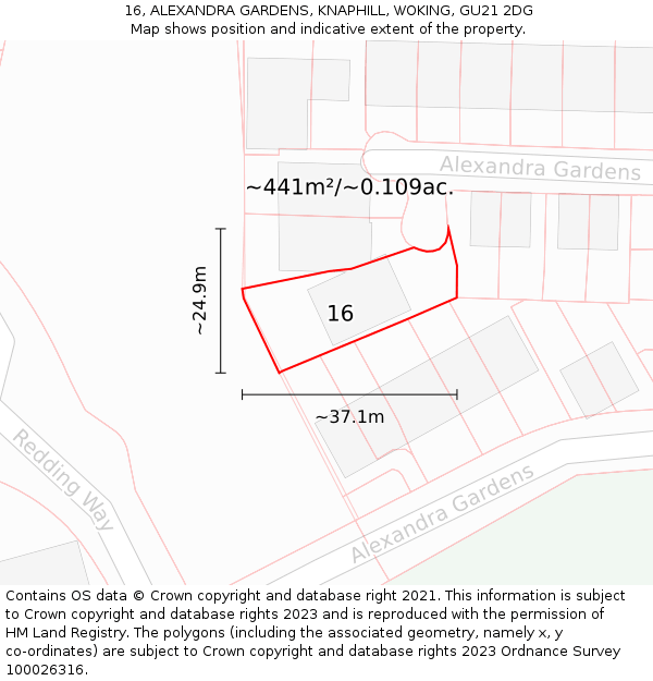 16, ALEXANDRA GARDENS, KNAPHILL, WOKING, GU21 2DG: Plot and title map