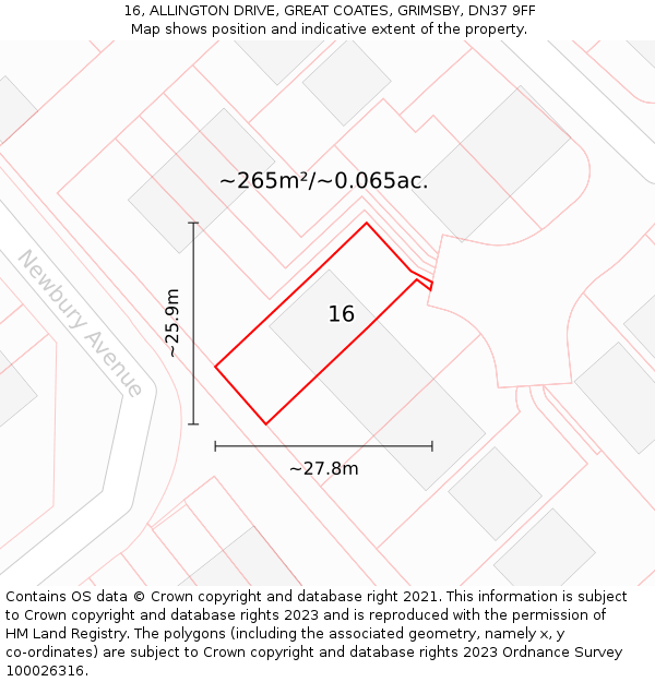 16, ALLINGTON DRIVE, GREAT COATES, GRIMSBY, DN37 9FF: Plot and title map