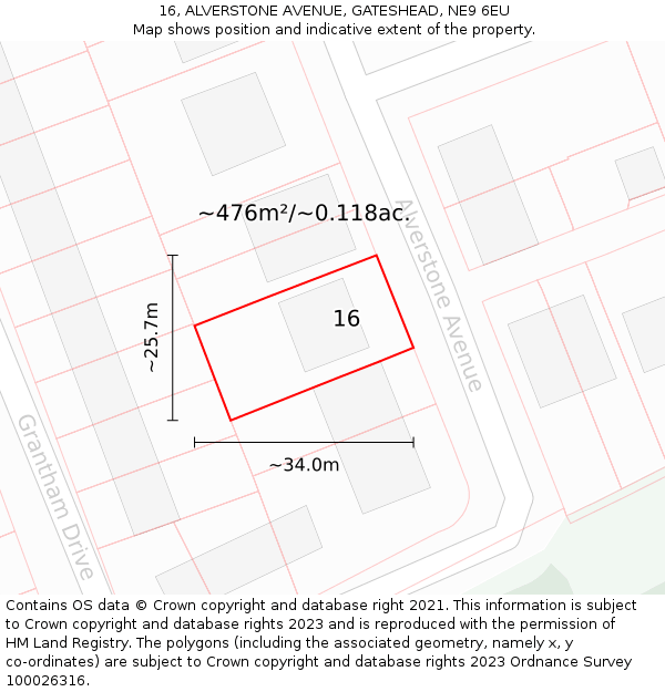 16, ALVERSTONE AVENUE, GATESHEAD, NE9 6EU: Plot and title map