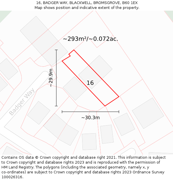 16, BADGER WAY, BLACKWELL, BROMSGROVE, B60 1EX: Plot and title map