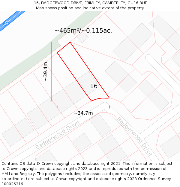 16, BADGERWOOD DRIVE, FRIMLEY, CAMBERLEY, GU16 8UE: Plot and title map