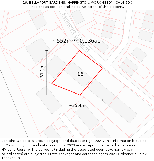 16, BELLAPORT GARDENS, HARRINGTON, WORKINGTON, CA14 5QX: Plot and title map