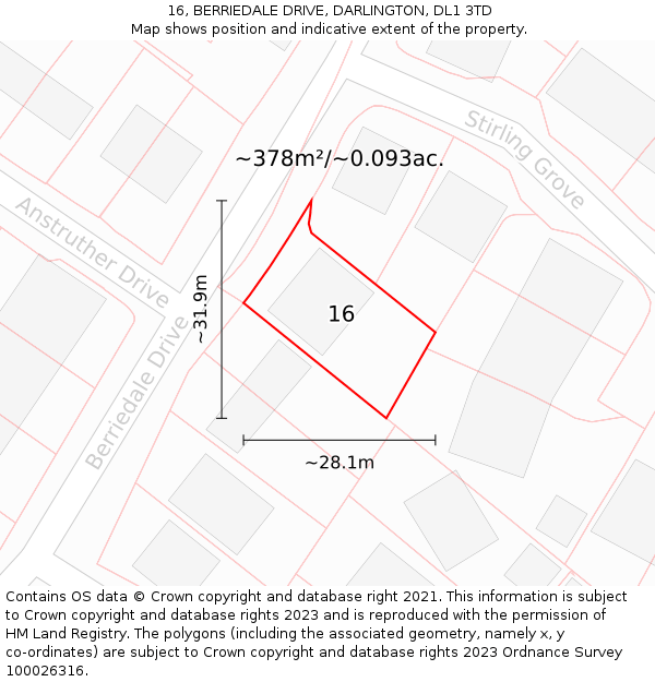 16, BERRIEDALE DRIVE, DARLINGTON, DL1 3TD: Plot and title map