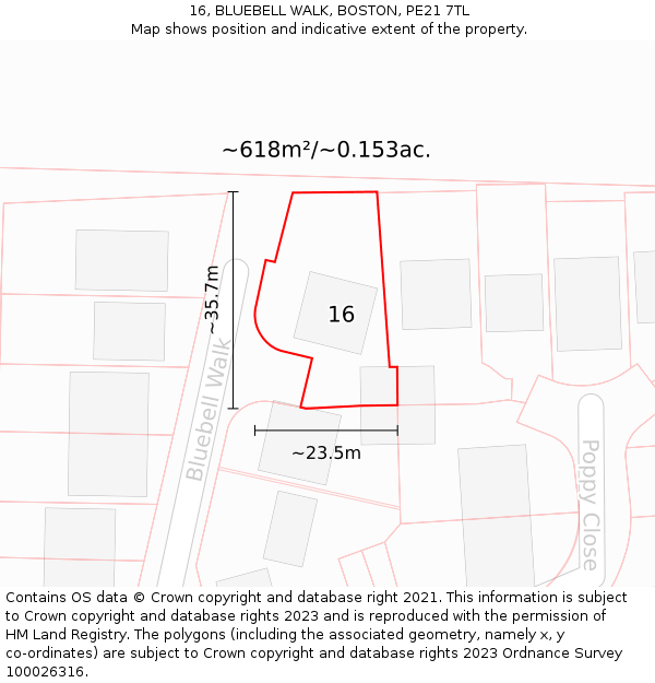 16, BLUEBELL WALK, BOSTON, PE21 7TL: Plot and title map