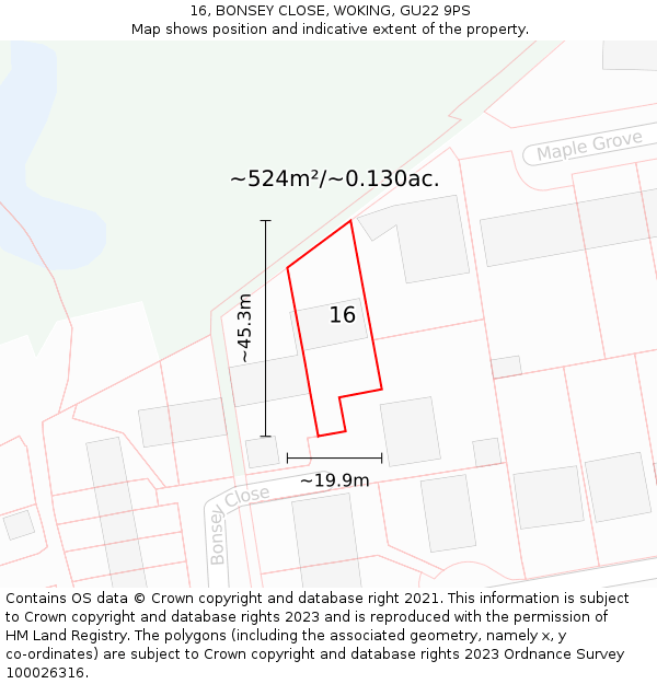 16, BONSEY CLOSE, WOKING, GU22 9PS: Plot and title map