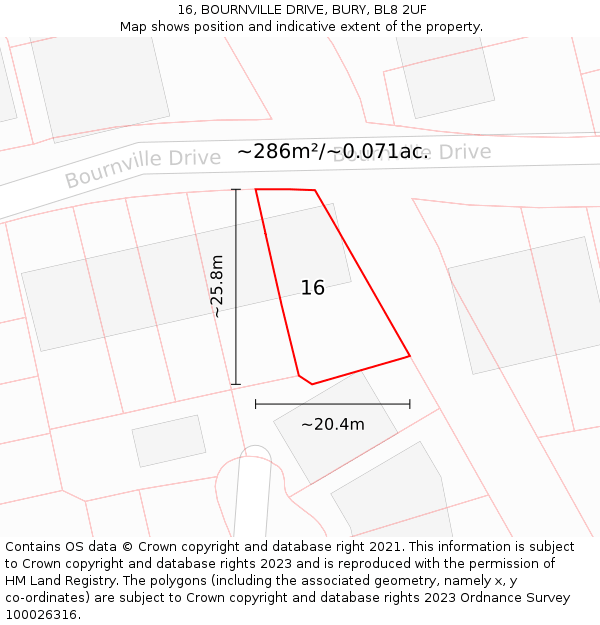 16, BOURNVILLE DRIVE, BURY, BL8 2UF: Plot and title map