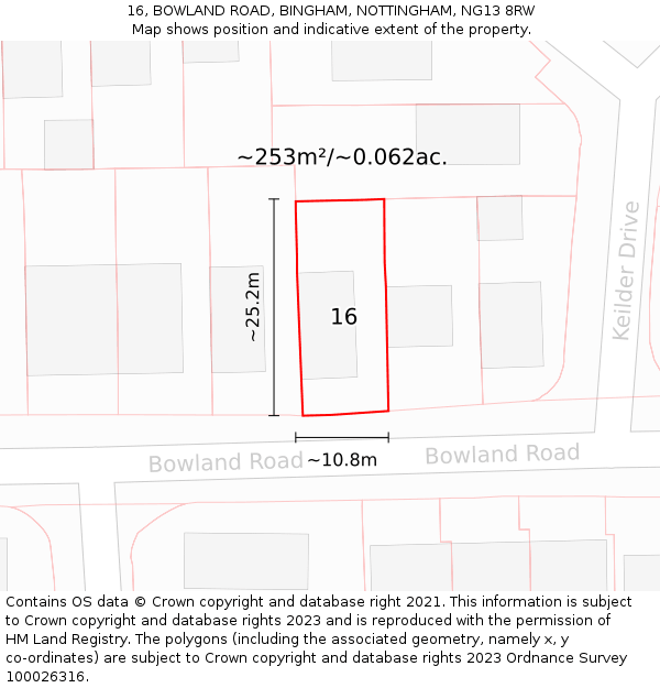 16, BOWLAND ROAD, BINGHAM, NOTTINGHAM, NG13 8RW: Plot and title map