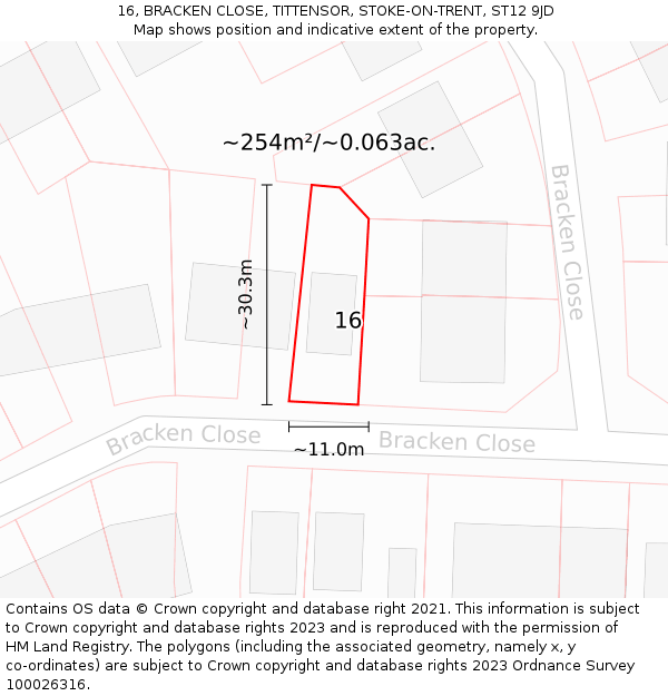 16, BRACKEN CLOSE, TITTENSOR, STOKE-ON-TRENT, ST12 9JD: Plot and title map