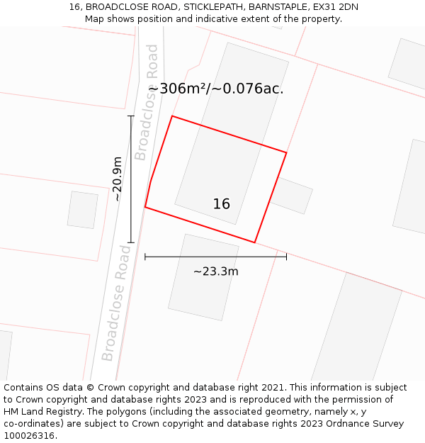 16, BROADCLOSE ROAD, STICKLEPATH, BARNSTAPLE, EX31 2DN: Plot and title map