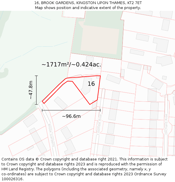 16, BROOK GARDENS, KINGSTON UPON THAMES, KT2 7ET: Plot and title map