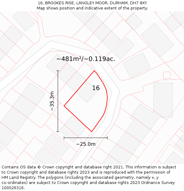 16, BROOKES RISE, LANGLEY MOOR, DURHAM, DH7 8XY: Plot and title map