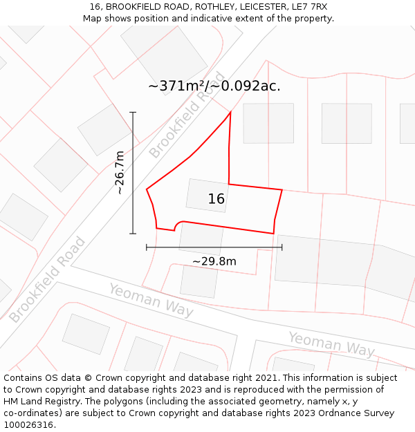 16, BROOKFIELD ROAD, ROTHLEY, LEICESTER, LE7 7RX: Plot and title map