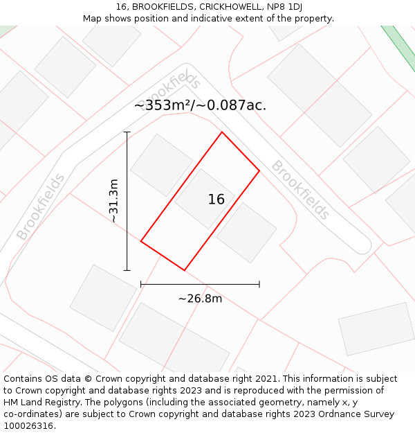 16, BROOKFIELDS, CRICKHOWELL, NP8 1DJ: Plot and title map