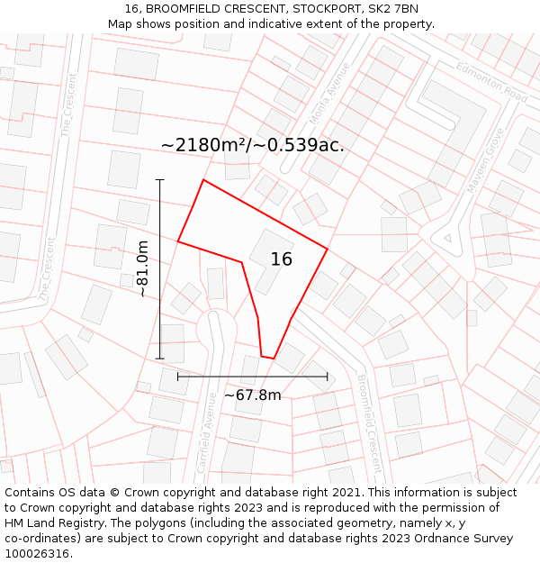 16, BROOMFIELD CRESCENT, STOCKPORT, SK2 7BN: Plot and title map