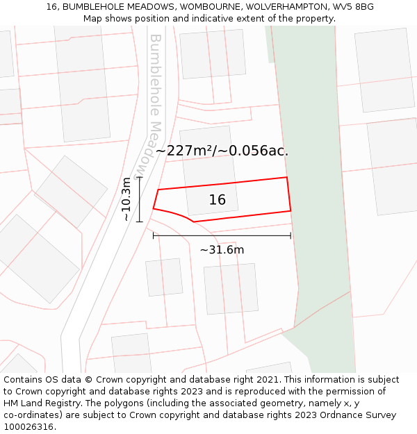 16, BUMBLEHOLE MEADOWS, WOMBOURNE, WOLVERHAMPTON, WV5 8BG: Plot and title map