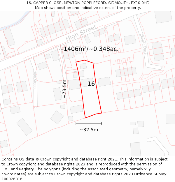 16, CAPPER CLOSE, NEWTON POPPLEFORD, SIDMOUTH, EX10 0HD: Plot and title map