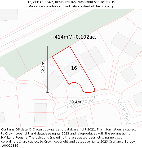 16, CEDAR ROAD, RENDLESHAM, WOODBRIDGE, IP12 2UN: Plot and title map