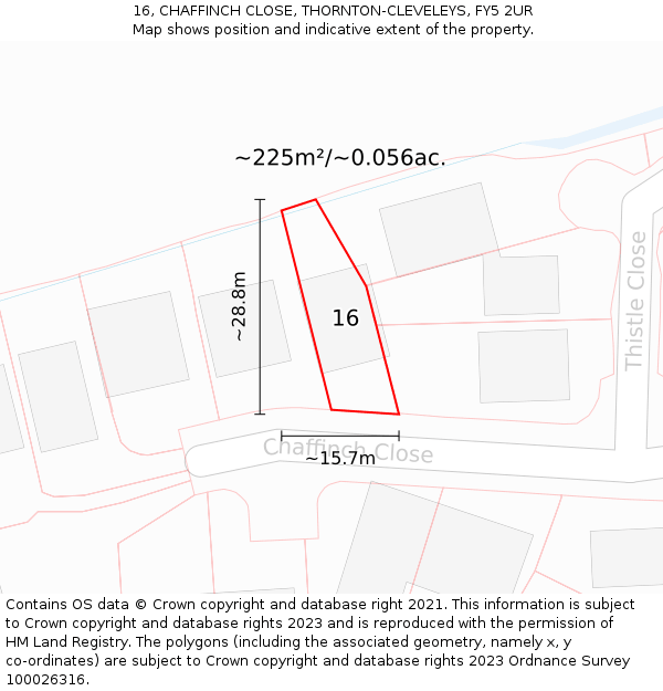 16, CHAFFINCH CLOSE, THORNTON-CLEVELEYS, FY5 2UR: Plot and title map