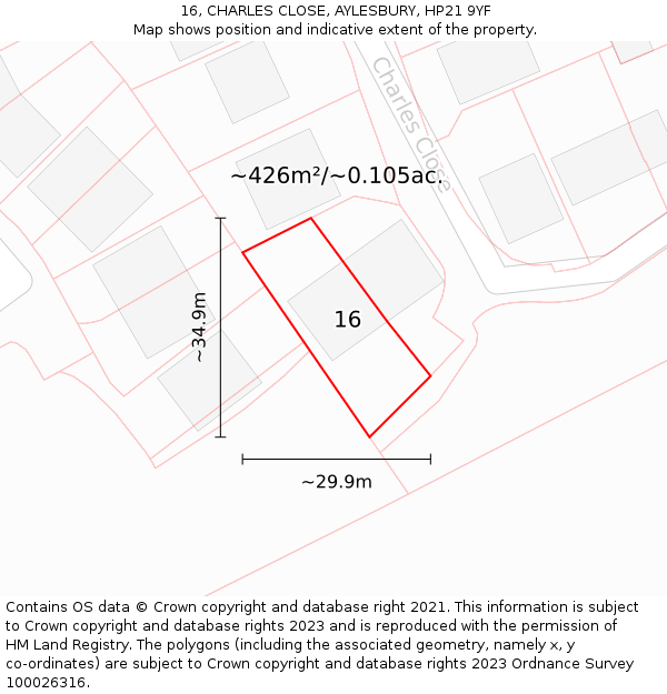 16, CHARLES CLOSE, AYLESBURY, HP21 9YF: Plot and title map