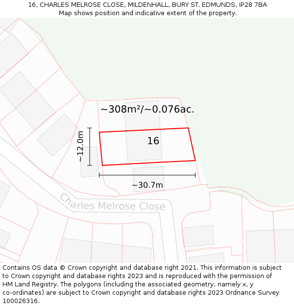 16, CHARLES MELROSE CLOSE, MILDENHALL, BURY ST. EDMUNDS, IP28 7BA: Plot and title map