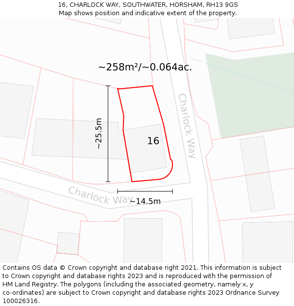 16, CHARLOCK WAY, SOUTHWATER, HORSHAM, RH13 9GS: Plot and title map