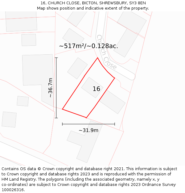 16, CHURCH CLOSE, BICTON, SHREWSBURY, SY3 8EN: Plot and title map