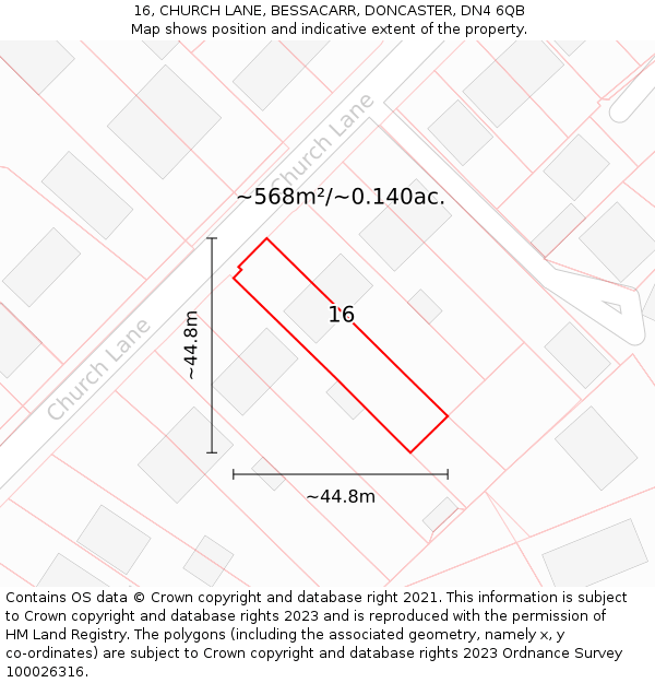 16, CHURCH LANE, BESSACARR, DONCASTER, DN4 6QB: Plot and title map