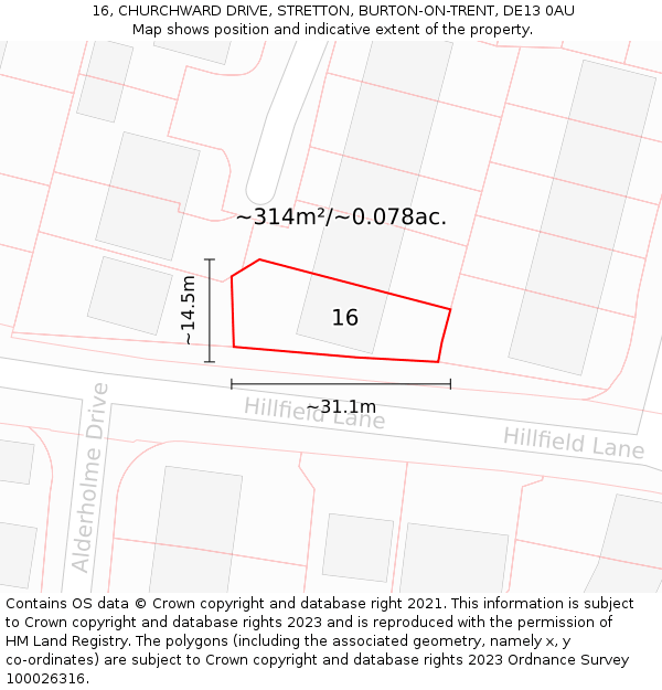 16, CHURCHWARD DRIVE, STRETTON, BURTON-ON-TRENT, DE13 0AU: Plot and title map