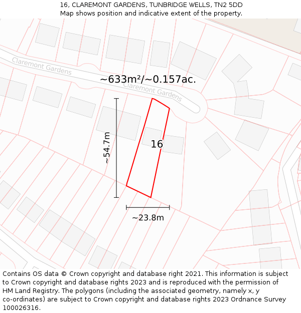 16, CLAREMONT GARDENS, TUNBRIDGE WELLS, TN2 5DD: Plot and title map