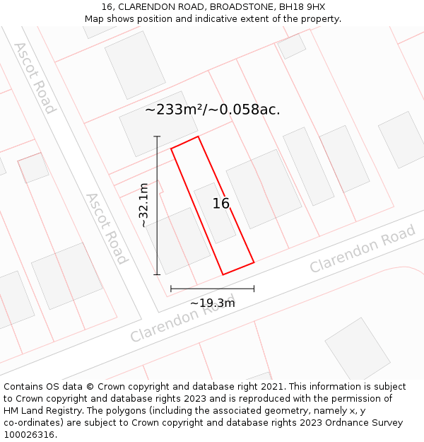 16, CLARENDON ROAD, BROADSTONE, BH18 9HX: Plot and title map