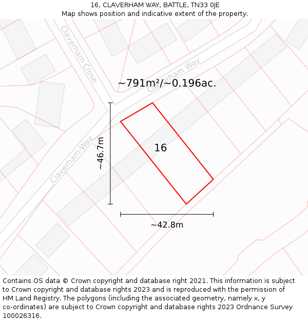 16, CLAVERHAM WAY, BATTLE, TN33 0JE: Plot and title map