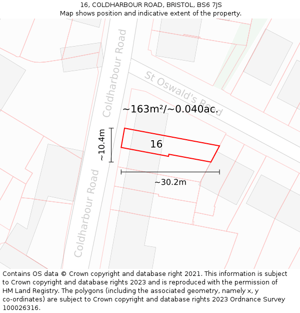 16, COLDHARBOUR ROAD, BRISTOL, BS6 7JS: Plot and title map