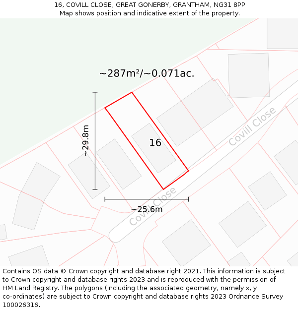 16, COVILL CLOSE, GREAT GONERBY, GRANTHAM, NG31 8PP: Plot and title map