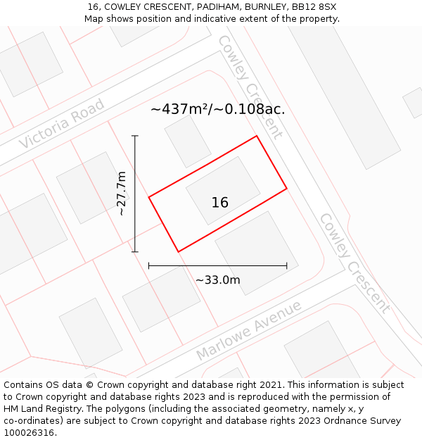 16, COWLEY CRESCENT, PADIHAM, BURNLEY, BB12 8SX: Plot and title map