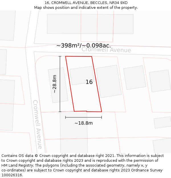 16, CROMWELL AVENUE, BECCLES, NR34 9XD: Plot and title map