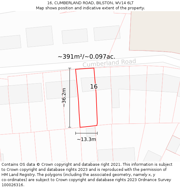 16, CUMBERLAND ROAD, BILSTON, WV14 6LT: Plot and title map